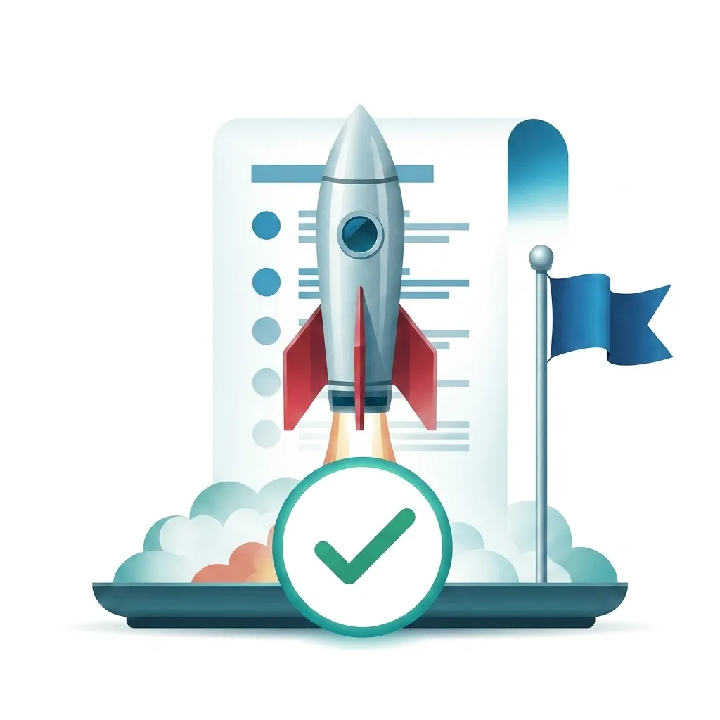 Implementation phase with launch rocket, report checklist, and completion mark